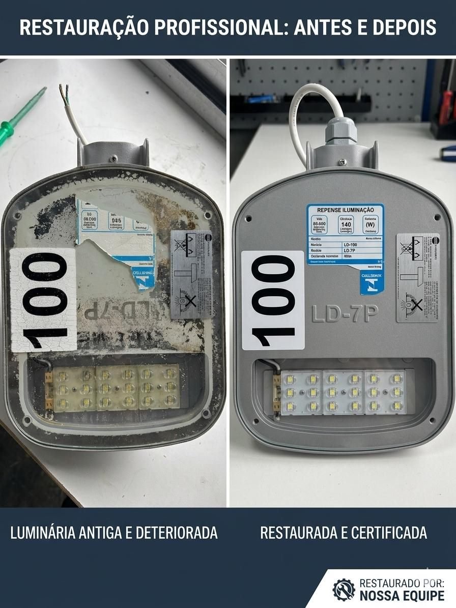 Antes e depois da restauração de uma luminária pública modelo LD-7P pela TECHLAR: à esquerda, antiga e deteriorada; à direita, restaurada e certificada.