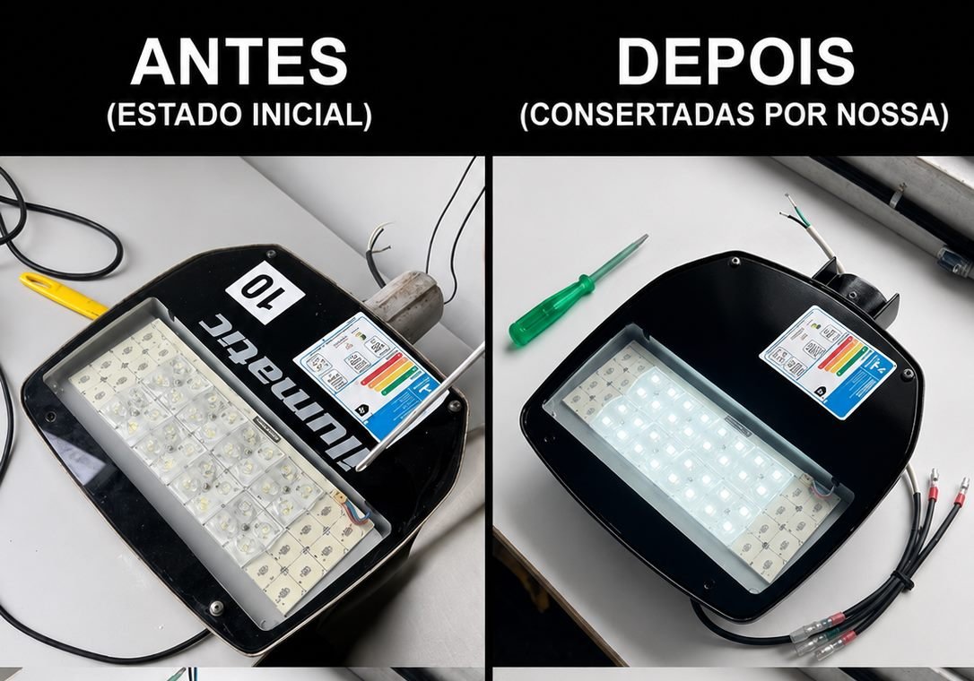 Antes e depois de uma luminária de LED de poste consertada pela TECHLAR: à esquerda o estado inicial; à direita, reparada e acesa.